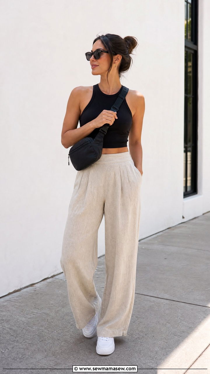 Racerback Crop Top With Linen Pants - 20 summer crop top outfit ideas with linen pants