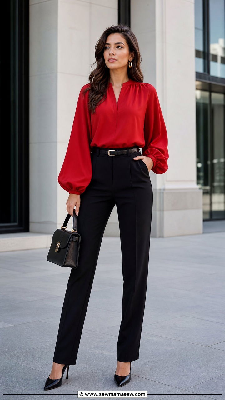 Red Balloon Sleeve Top With Black Trousers - 20 balloon sleeve top outfit ideas