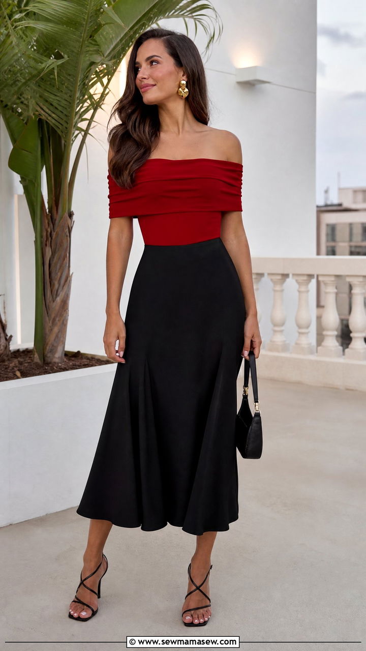 Red Bardot Top With Black Midi Skirt - 20 bardot top outfit ideas