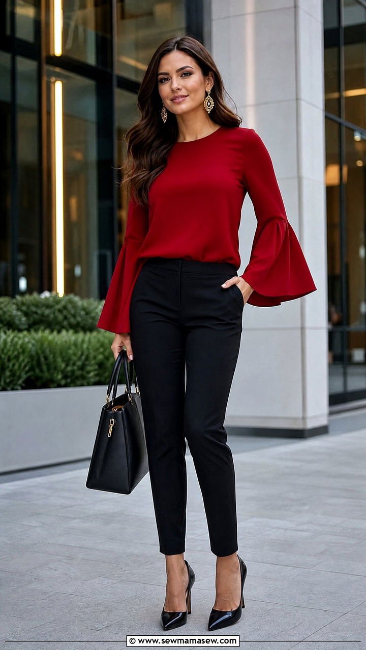 Red Bell Sleeve Top With Black Pants - 20 bell sleeve top outfit ideas