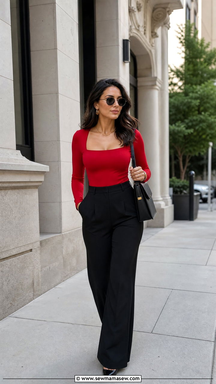 Red Bodysuit With Black Trousers - 20 bodysuit top outfit ideas