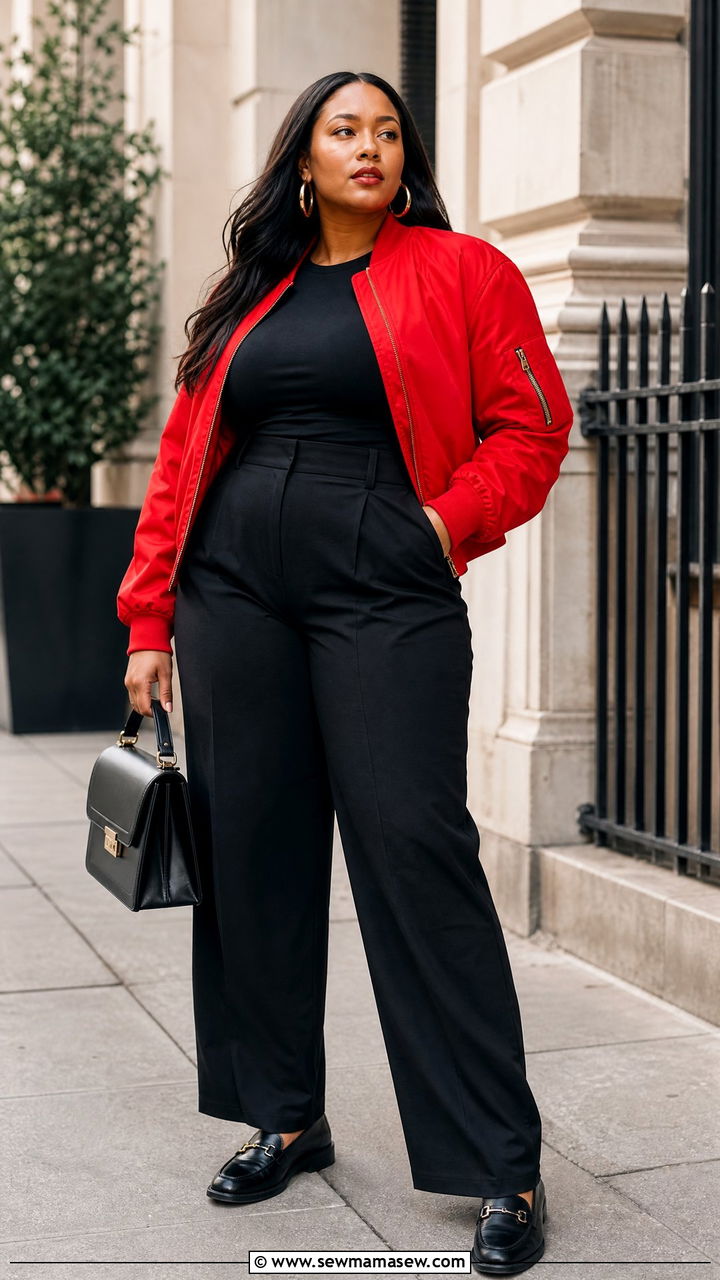 Red Bomber Jacket With Black Wide Leg Pants - 20 plus size bomber jacket outfit ideas