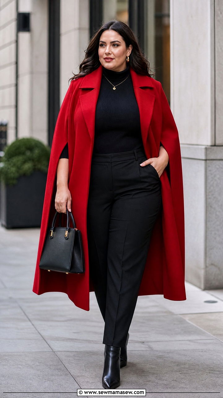 Red Cape Coat With Black Trousers - 20 plus size cape coat outfit ideas