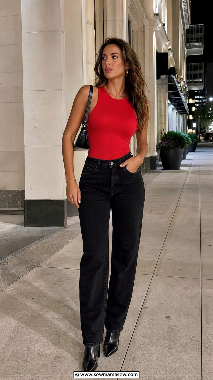 Red Corset Top With Black Jeans - 20 corset top outfit ideas for night out
