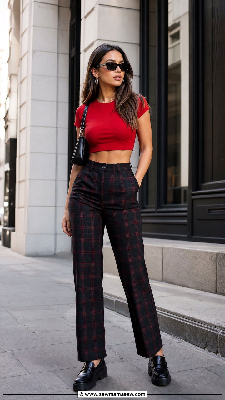 Red Crop Top With Black Plaid Pants Outfit - 20 crop top with plaid pants outfit ideas