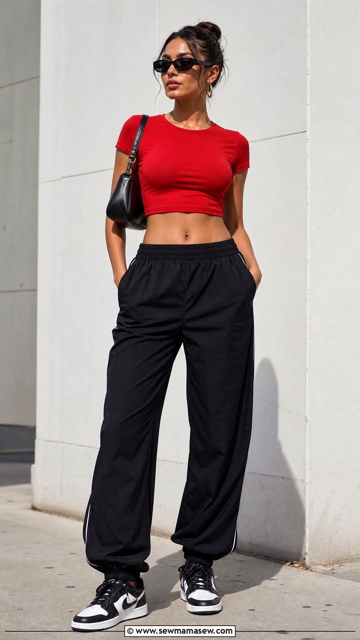 Red Crop Top With Black Track Pants - 20 crop top with track pants outfit ideas