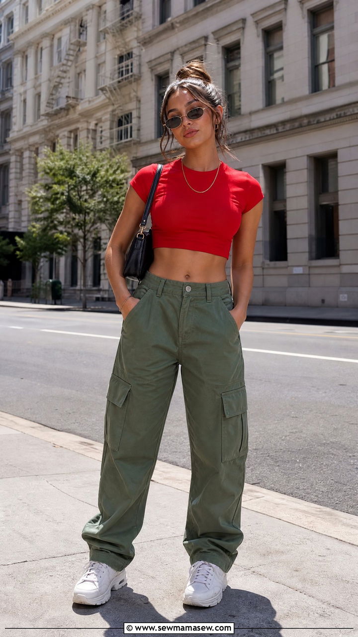 Red Crop Top With Cargo Pants - 20 red crop top outfit ideas