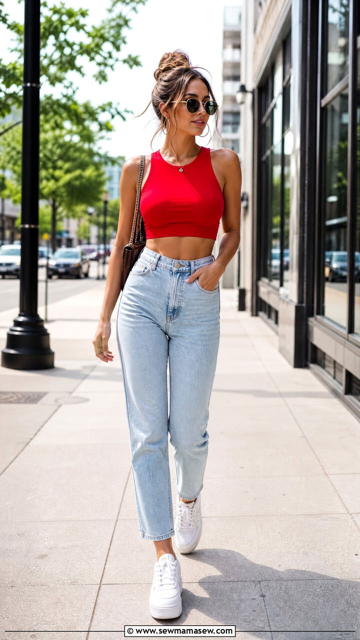 Red Crop Top With High Waisted Jeans - 20 red crop top outfit ideas