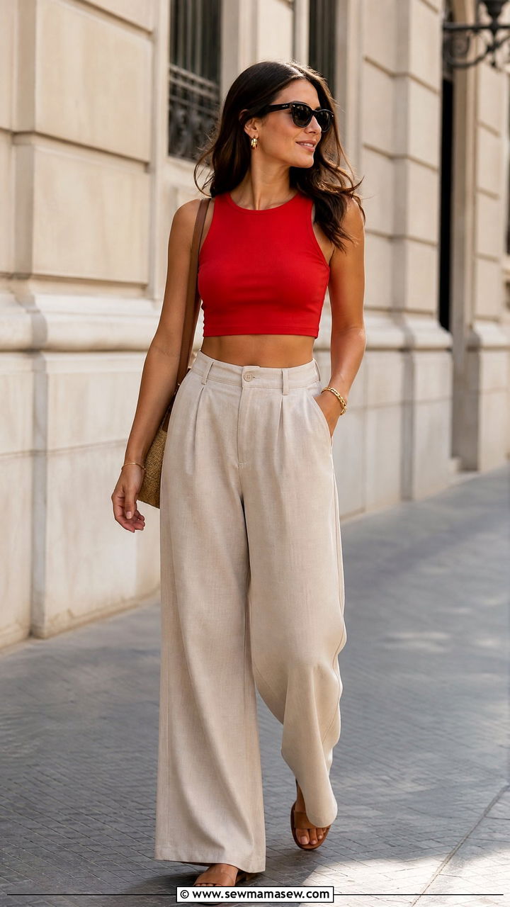 Red Crop Top With Neutral Wide Leg Pants - 20 summer crop top outfit ideas with wide leg pants