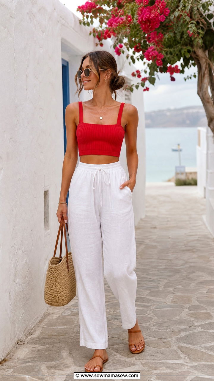 Red Crop Top With White Linen Pants - 20 red crop top outfit ideas