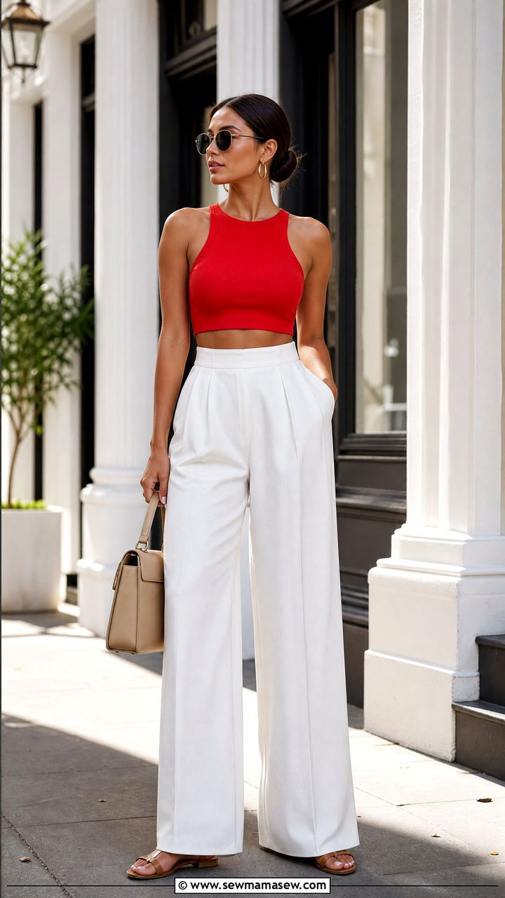 Red Crop Top With White Trousers - 20 crop top with white trousers outfit ideas