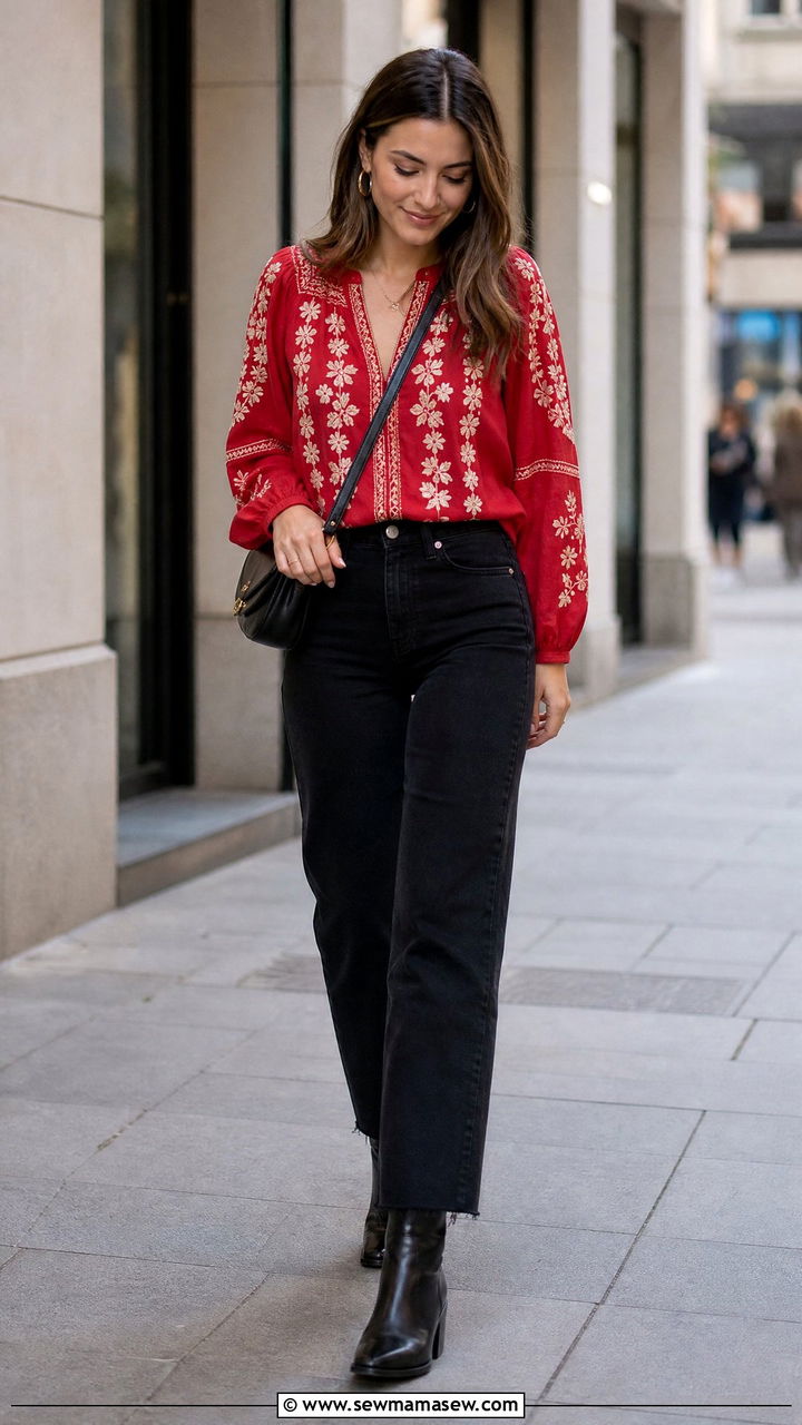 Red Embroidered Top With Black Jeans - 20 embroidered top outfit ideas