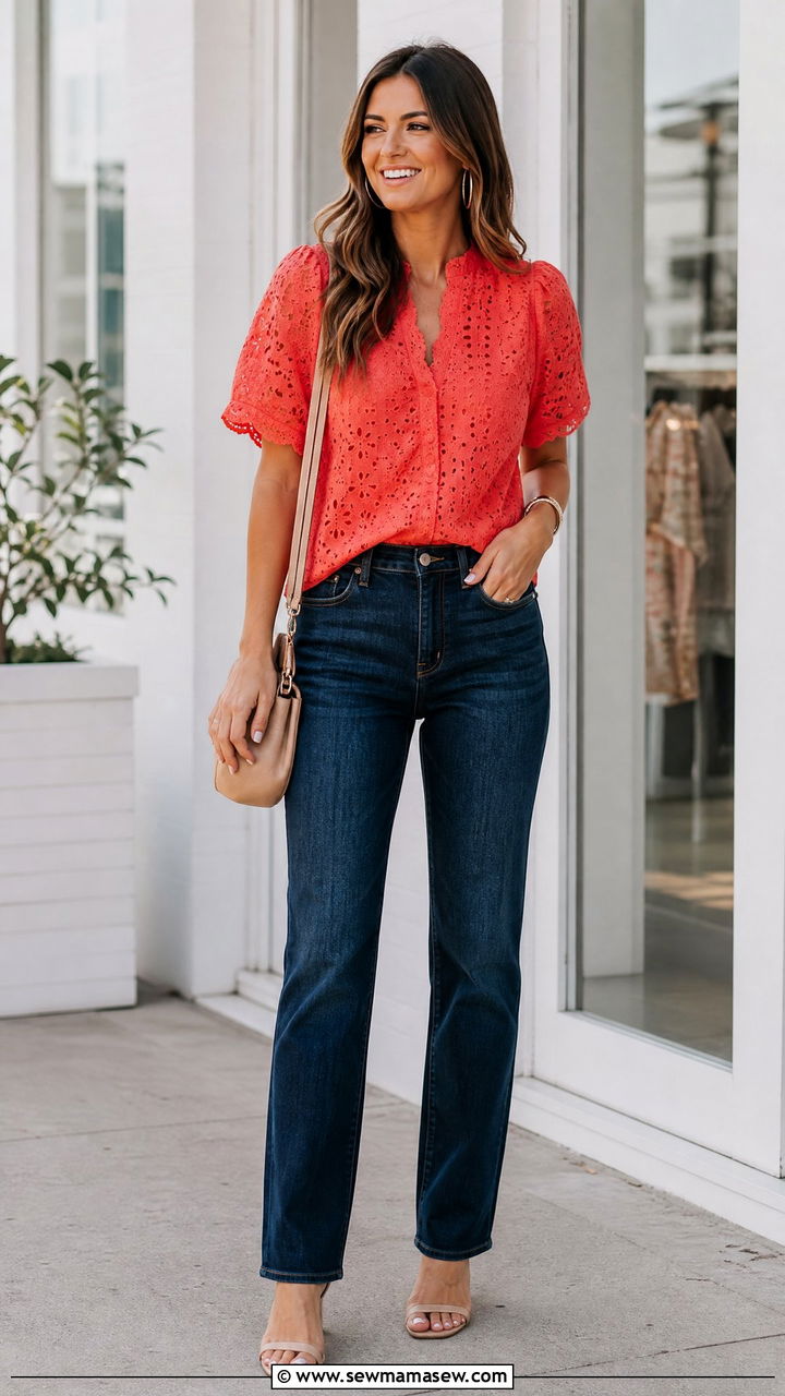 Red Eyelet Top With Dark Denim - 20 eyelet top outfit ideas
