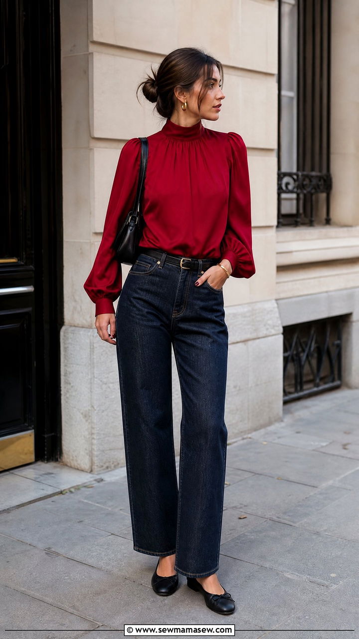 Red Milkmaid Blouse With Dark Denim - 20 milkmaid blouse outfit ideas