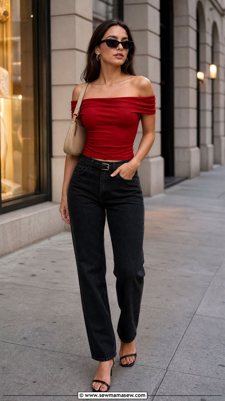 Red Off Shoulder Top With Black Jeans - 20 off shoulder top outfit ideas
