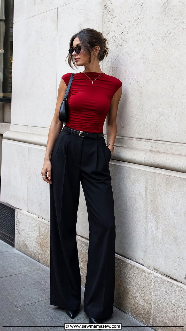 Red Statement Top And Black Trousers Outfit - 20 edgy top outfit ideas