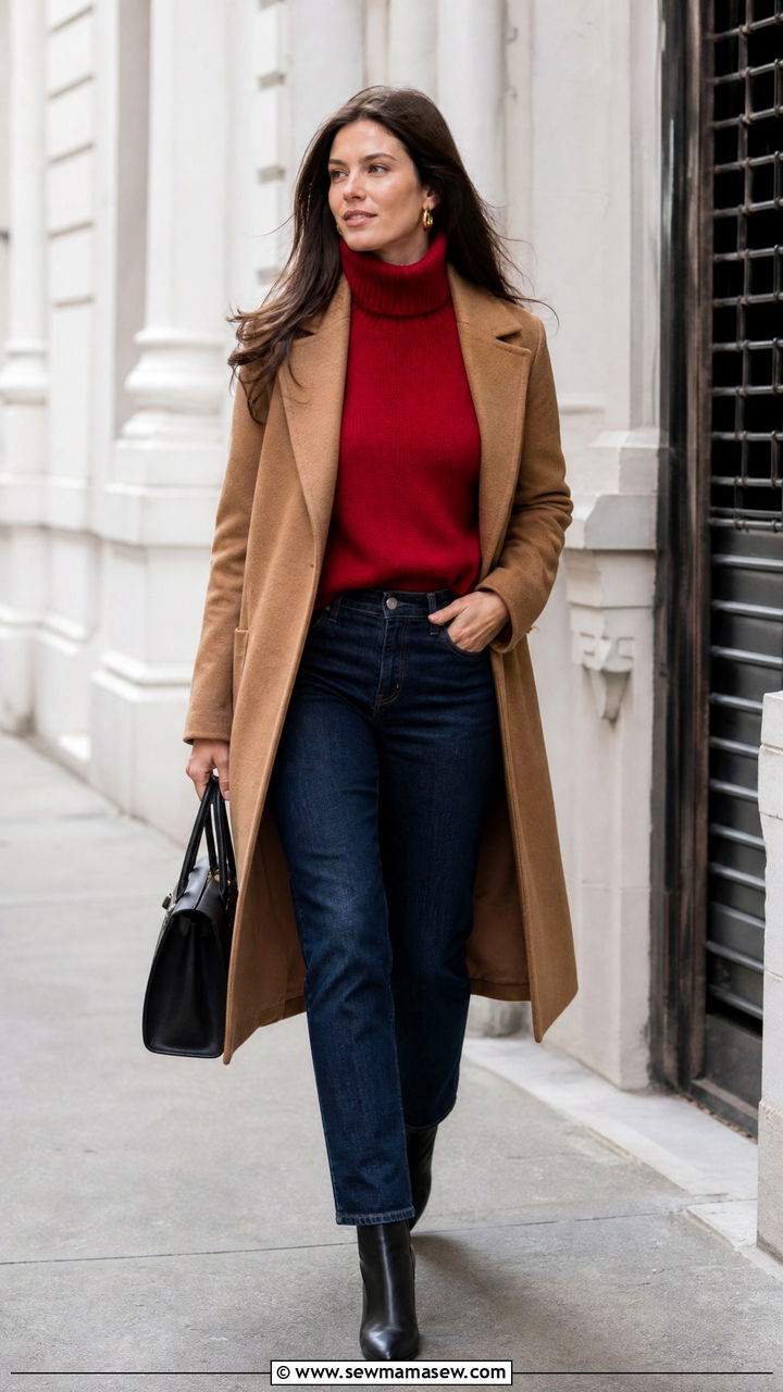 Red Turtleneck Sweater With Dark Denim - 20 turtleneck sweater outfit ideas