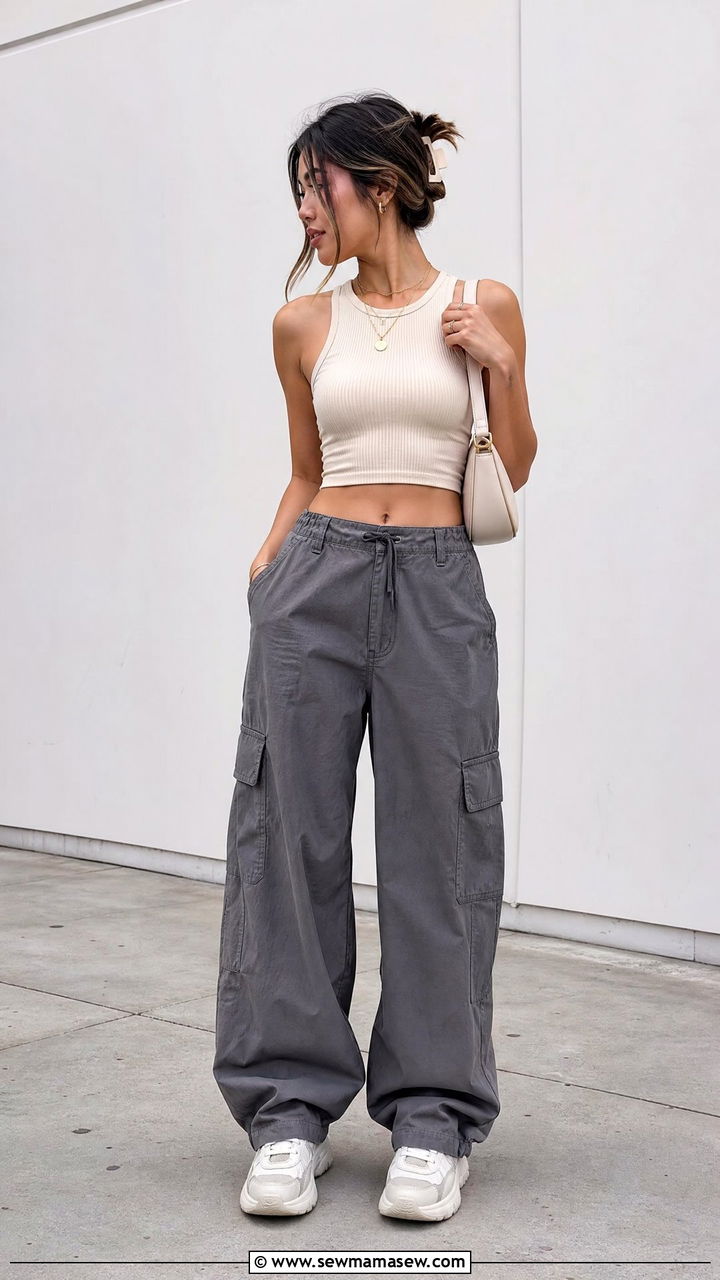 Ribbed Crop Tank With Cargo Utility Pants - 20 crop top with utility pants outfit ideas