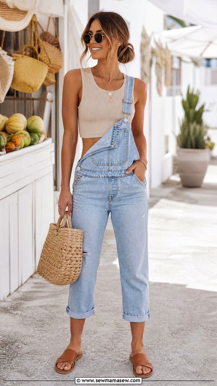 Ribbed Crop Tank With Denim Overalls And Flat Sandals - 20 crop top with denim overalls outfit ideas