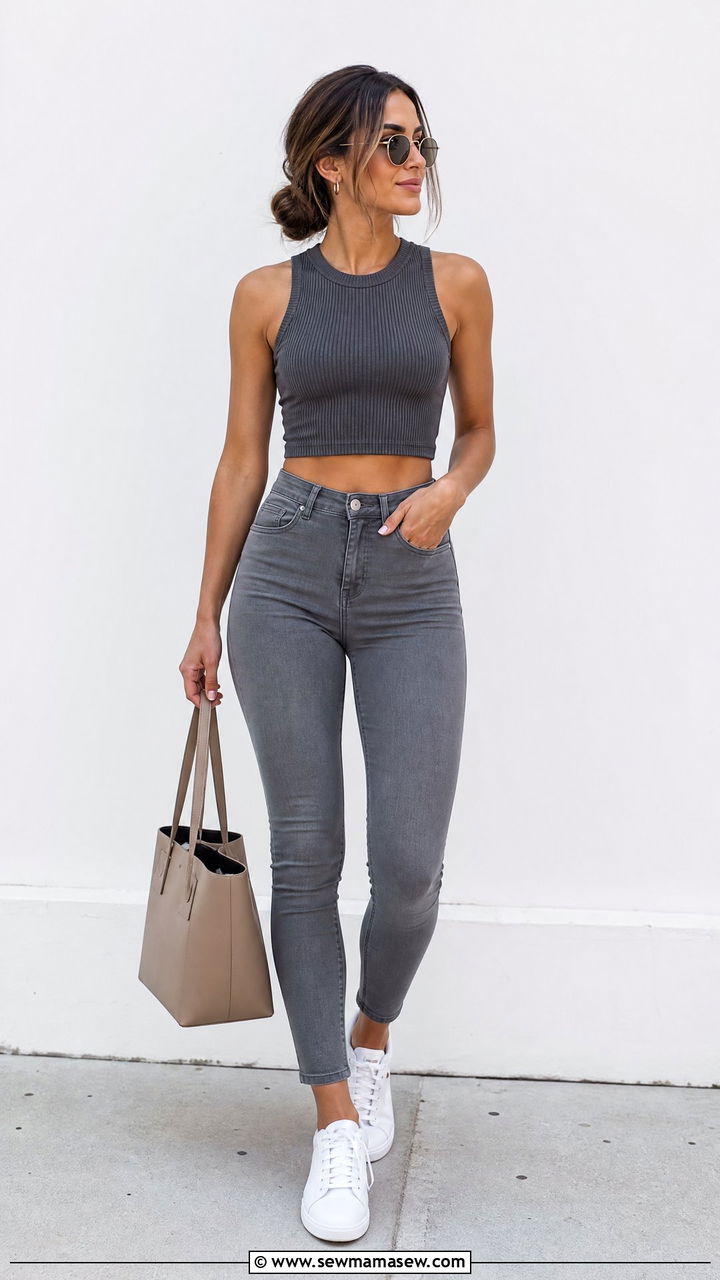 Ribbed Crop Tank With Gray Biker Jeans Outfit - 20 crop top with biker jeans outfit ideas
