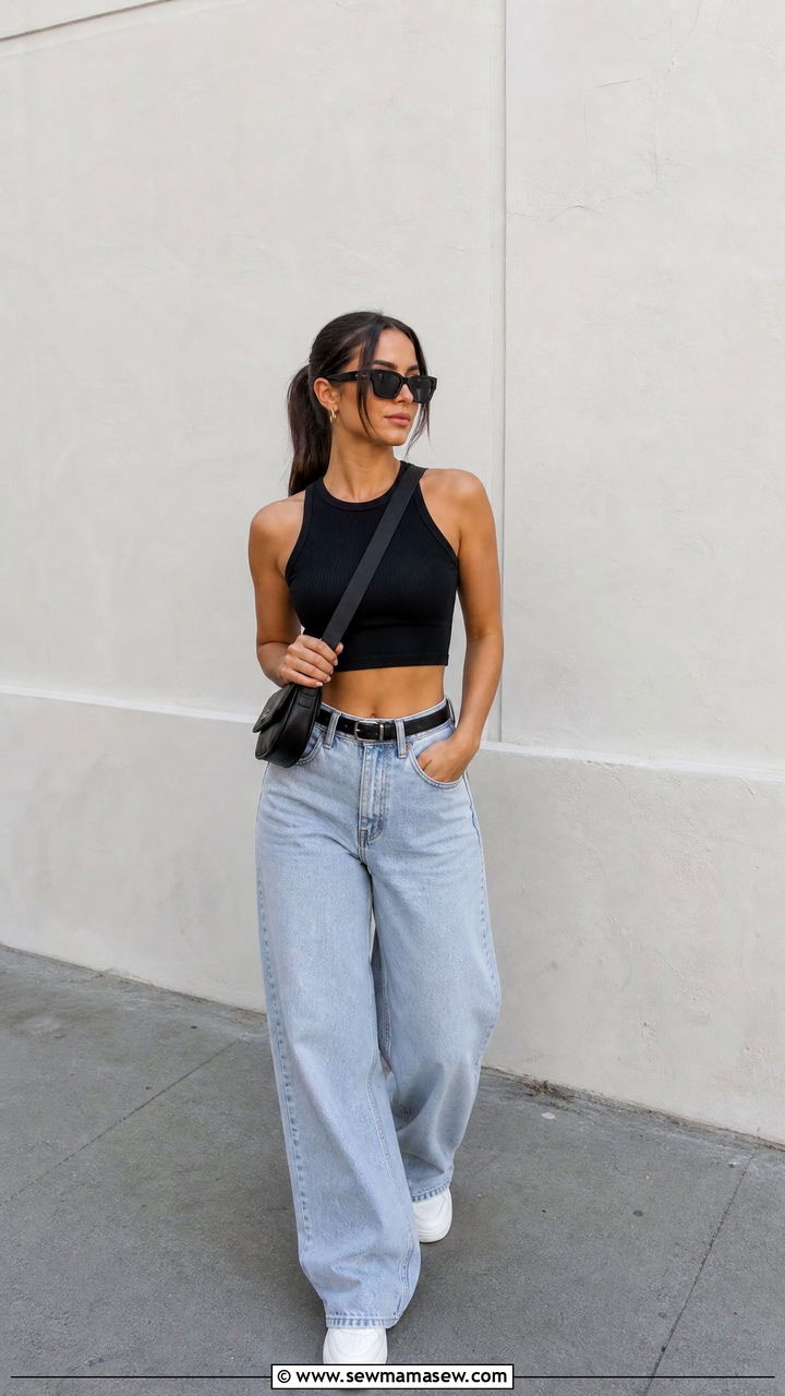 Ribbed Crop Top With Baggy Jeans - 20 ribbed crop top outfit ideas