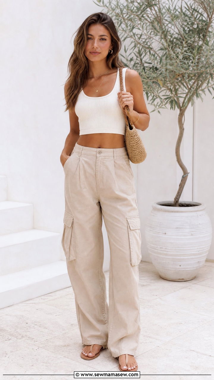 Ribbed Crop Top With Beige Cargo Pants - 20 summer crop top outfit ideas with cargo pants