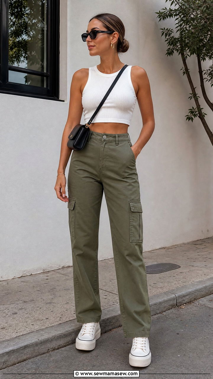 Ribbed Crop Top With Cargo Pants - 20 crop top outfits for brunch