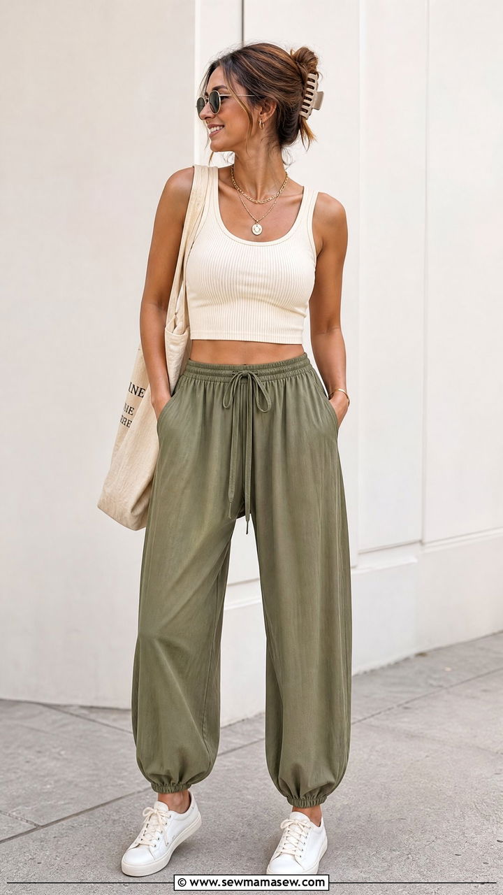 Ribbed Crop Top With Cotton Harem Pants - 20 crop top with harem pants outfit ideas