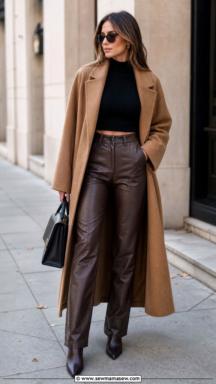Ribbed Crop Top With Faux Leather Pants - 20 cozy crop top outfits fall