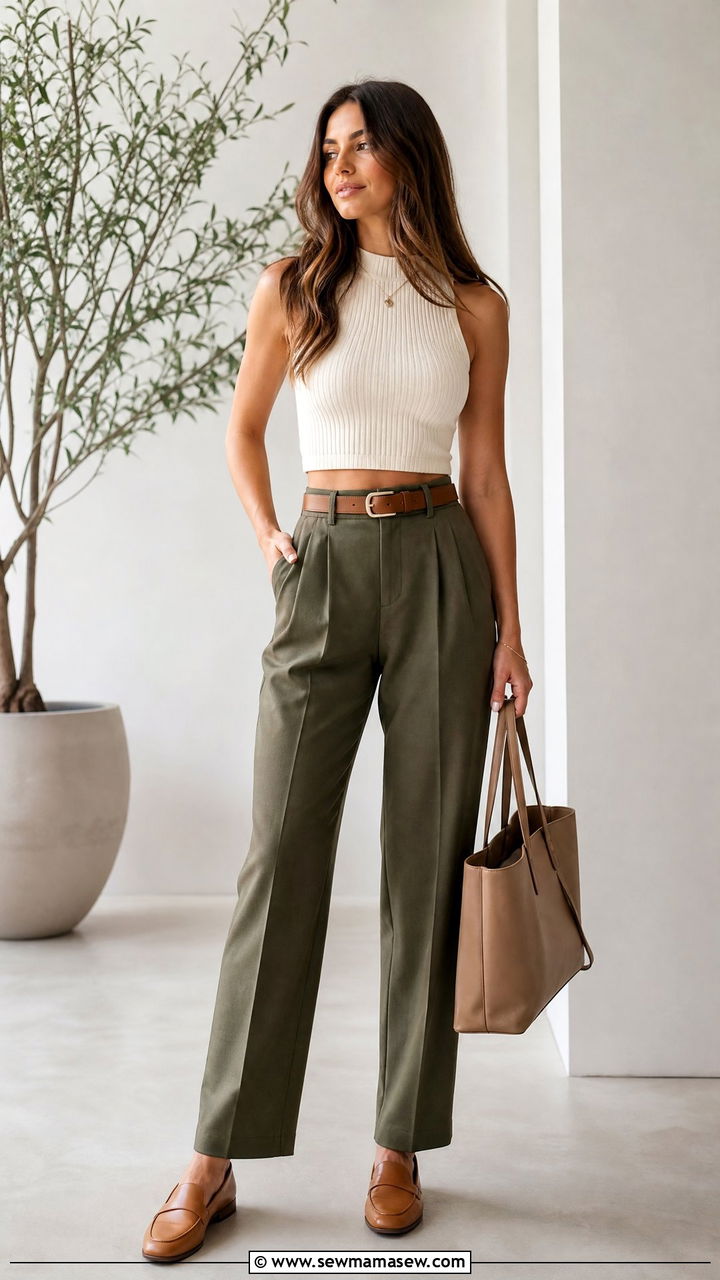 Ribbed Crop Top With Lightweight Suit Pants - 20 summer crop top outfit ideas for work
