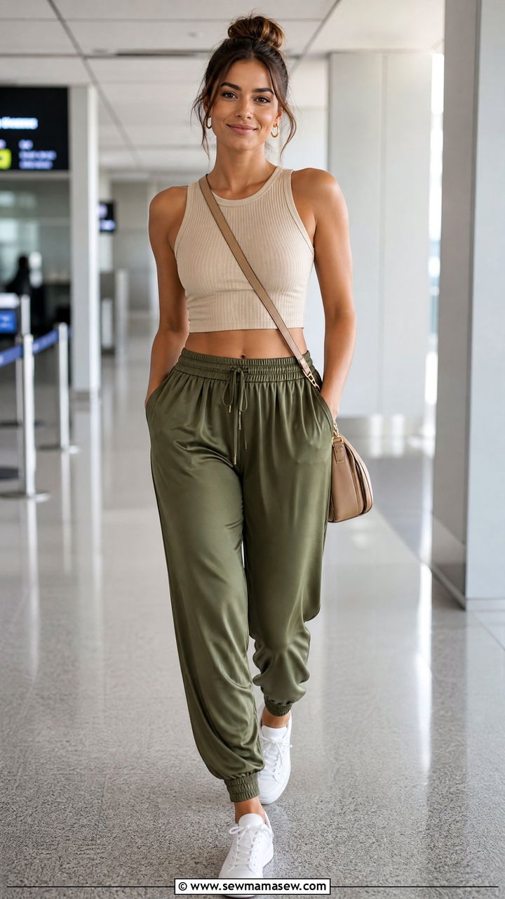 Ribbed Crop Top With Satin Jogger Pants - 20 crop top with satin pants outfit ideas