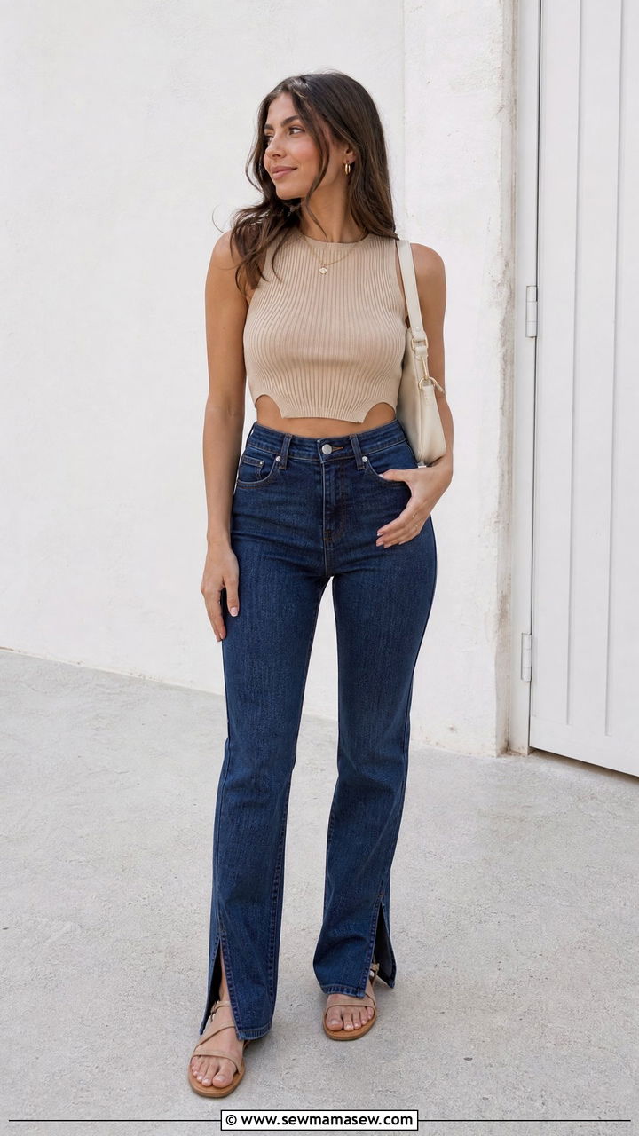 Ribbed Crop Top With Split Hem Jeans - 20 crop top with split hem jeans outfit ideas