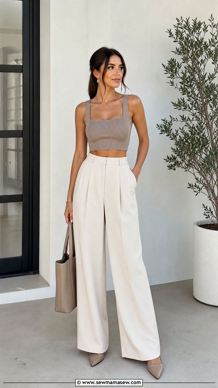 Ribbed Crop Top With Wide Leg Pants - 20 minimalist crop top outfit ideas