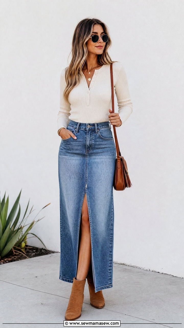 Ribbed Henley Top With Denim Maxi Skirt - 20 henley top outfit ideas