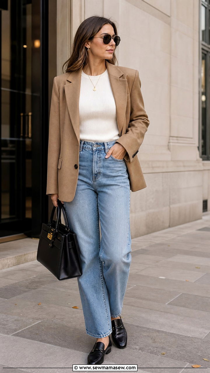 Ribbed Knit Top With Blazer And Jeans - 20 ribbed knit top outfit ideas