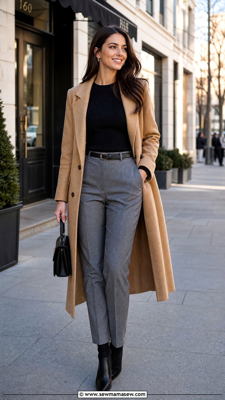 Ribbed Knit Top With Long Coat And Trousers - 20 ribbed knit top outfit ideas