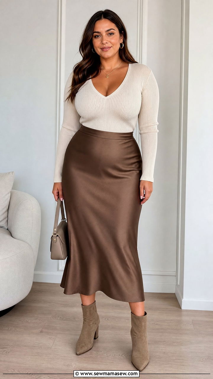 Ribbed Knit Top With Midi Skirt - 20 tops for big bust outfit ideas