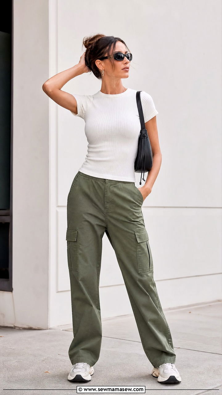 Ribbed Knot Front Top With Cargo Pants - 20 knot front top outfit ideas