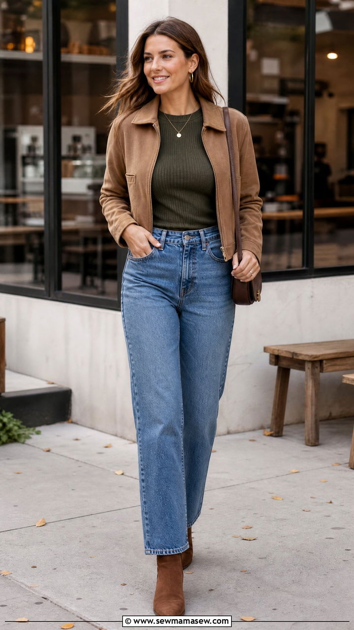 Ribbed Long Sleeve Top With Straight Leg Jeans - 20 fall top outfit ideas