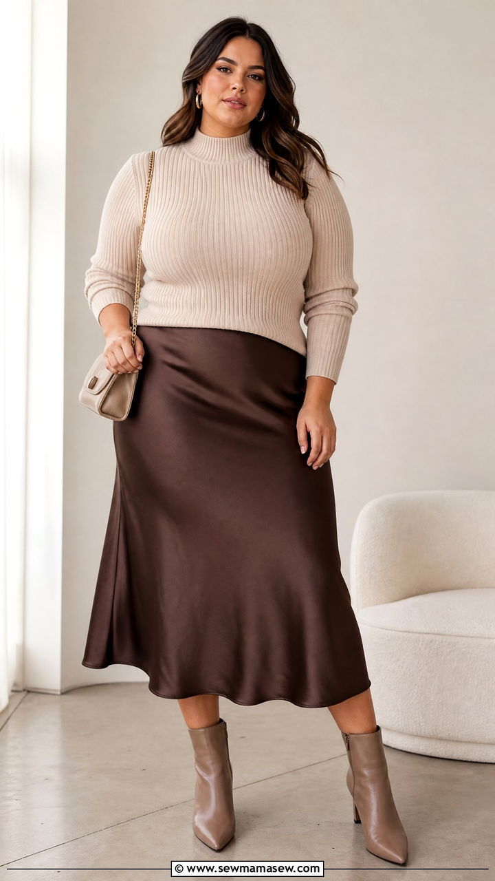 Ribbed Mock Neck Sweater With Midi Skirt - 20 plus size mock neck sweater outfit ideas
