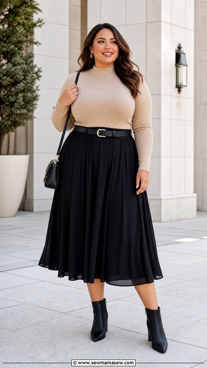 Ribbed Mock Neck Top With Midi Skirt - 20 plus size mock neck top outfit ideas