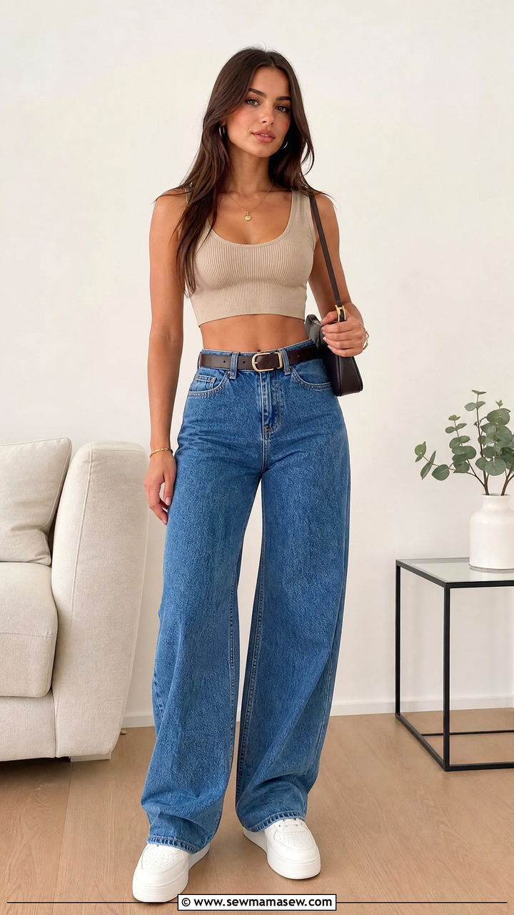 Ribbed Tank Crop Top With High Waisted Baggy Jeans - 20 crop top with baggy jeans outfit ideas