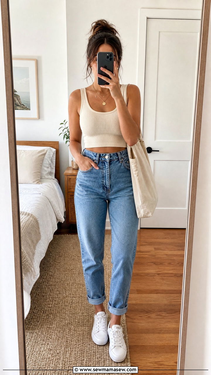 Ribbed Tank Crop Top With High Waisted Mom Jeans - 20 crop top with high waisted jeans
