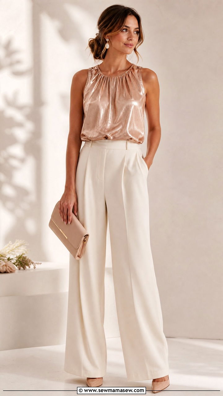 Rose Gold Metallic Top With Cream Trousers - 20 metallic top outfit ideas