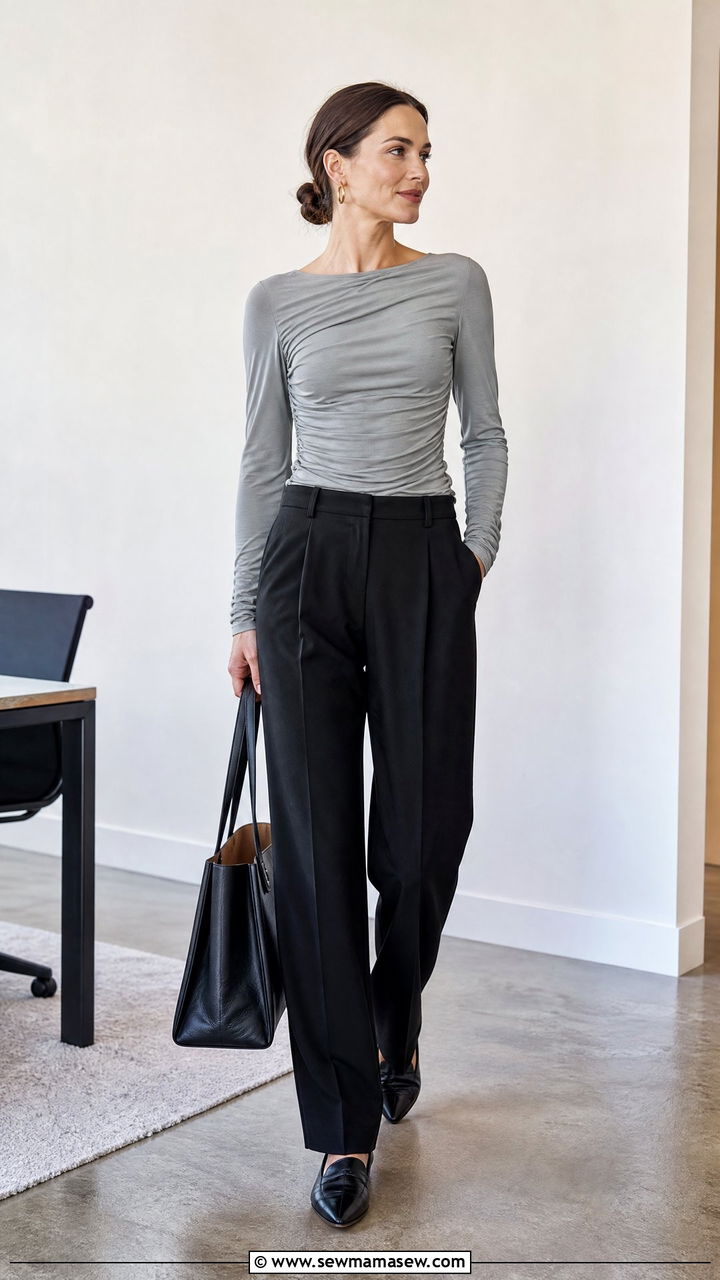 Ruched Long Sleeve Top With Tailored Pants - 20 ruched top outfit ideas