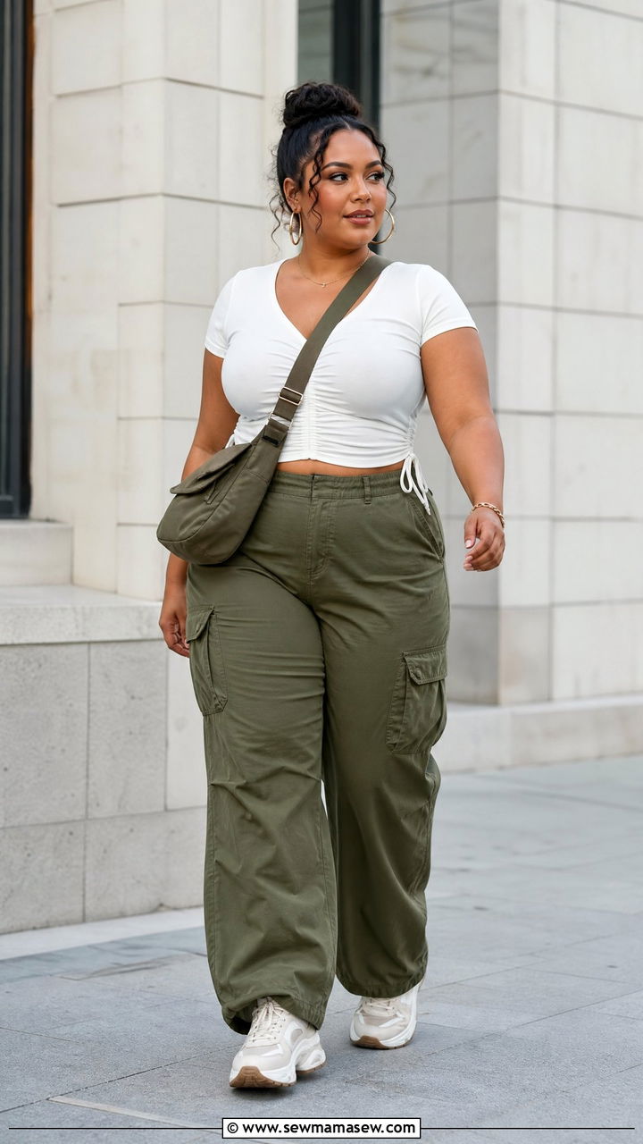 Ruched Tube Top With Cargo Pants - 20 plus size ruched tube top outfit ideas