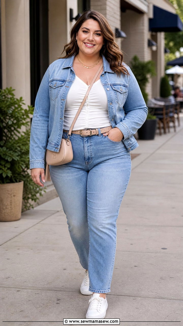 Ruched Tube Top With Denim Jacket And Jeans - 20 plus size ruched tube top outfit ideas