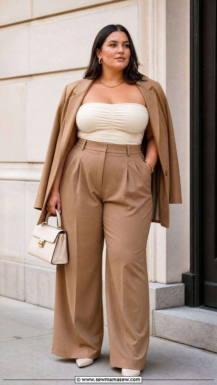 Ruched Tube Top With High Waisted Trousers - 20 plus size ruched tube top outfit ideas