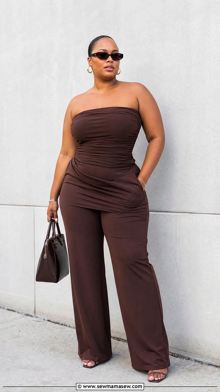 Ruched Tube Top With Monochrome Pants Outfit - 20 plus size ruched tube top outfit ideas