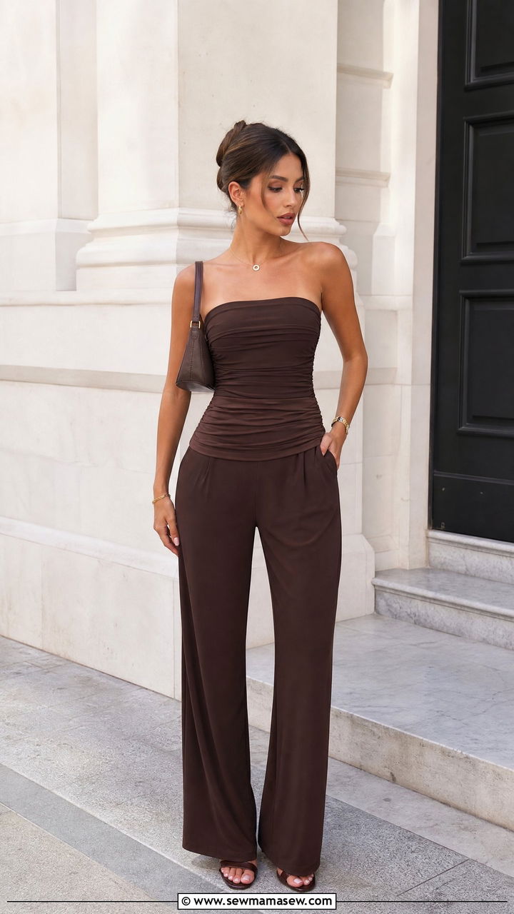 Ruched Tube Top With Monochrome Pants - 20 ruched tube top outfit ideas